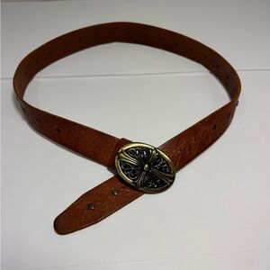 Linea Pelle Brown Leather Tooled Belt Ornate Cross Buckle Size Large